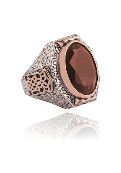 Yakut Garnet Taşlı Yanı Gravür Işlemeli Erkek Gümüş Yüzük