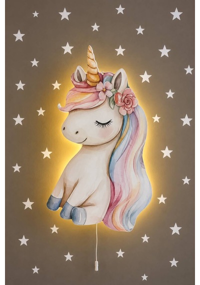 Ahşap Unicorn Duvar Lambası Pilli Led Gece Lambası Bebek Çocuk Odası-25 Yıldız Sticker Hediyeli Çok Renkli