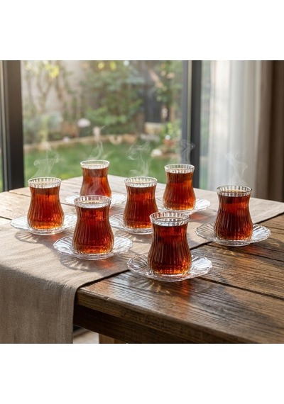 12 Parça Çay Seti - 6 Adet Fitil Desenli Cam Çay Bardağı Ve 6 Adet Cam Çay Tabağı - Isıya Dayanıklı Çay Takımı çok renkli