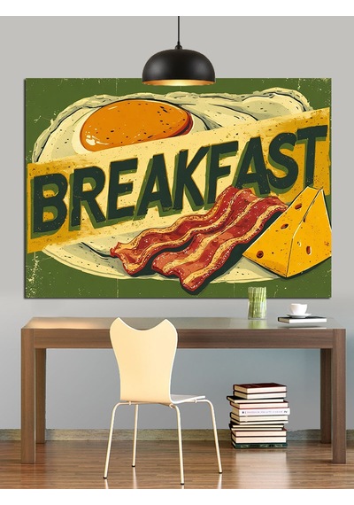 Yumurta Ve Ekmek Temalı Breakfast Yazısı Dekoratif Kanvas - Mdf Ahşap Tablo