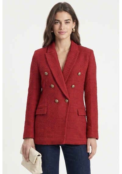 Ritnice Kadın Tovi Tüvit Dokulu Gold Düğmeli Asimetrik Kesim Astarlı Kırmızı Blazer Ceket Ritnice Kadın Tovi Tüvit Dokulu Gold Düğmeli Asimetrik Kesim Astarlı Kırmızı Blazer Ceket