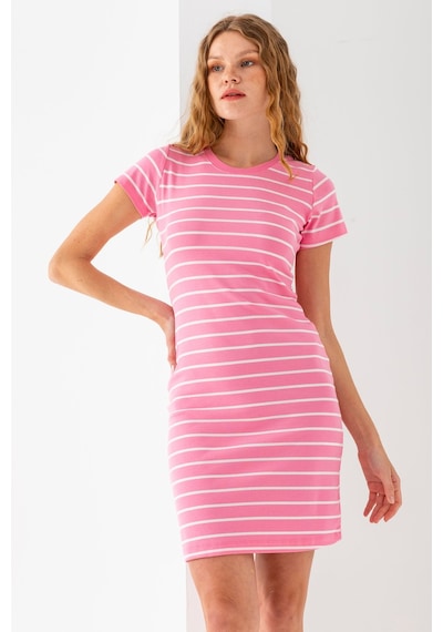 Giysa Kadın Bisiklet Yaka Kısa Kol Çizgili Elbise Pembe Beyaz - 25539 Pembe - Beyaz