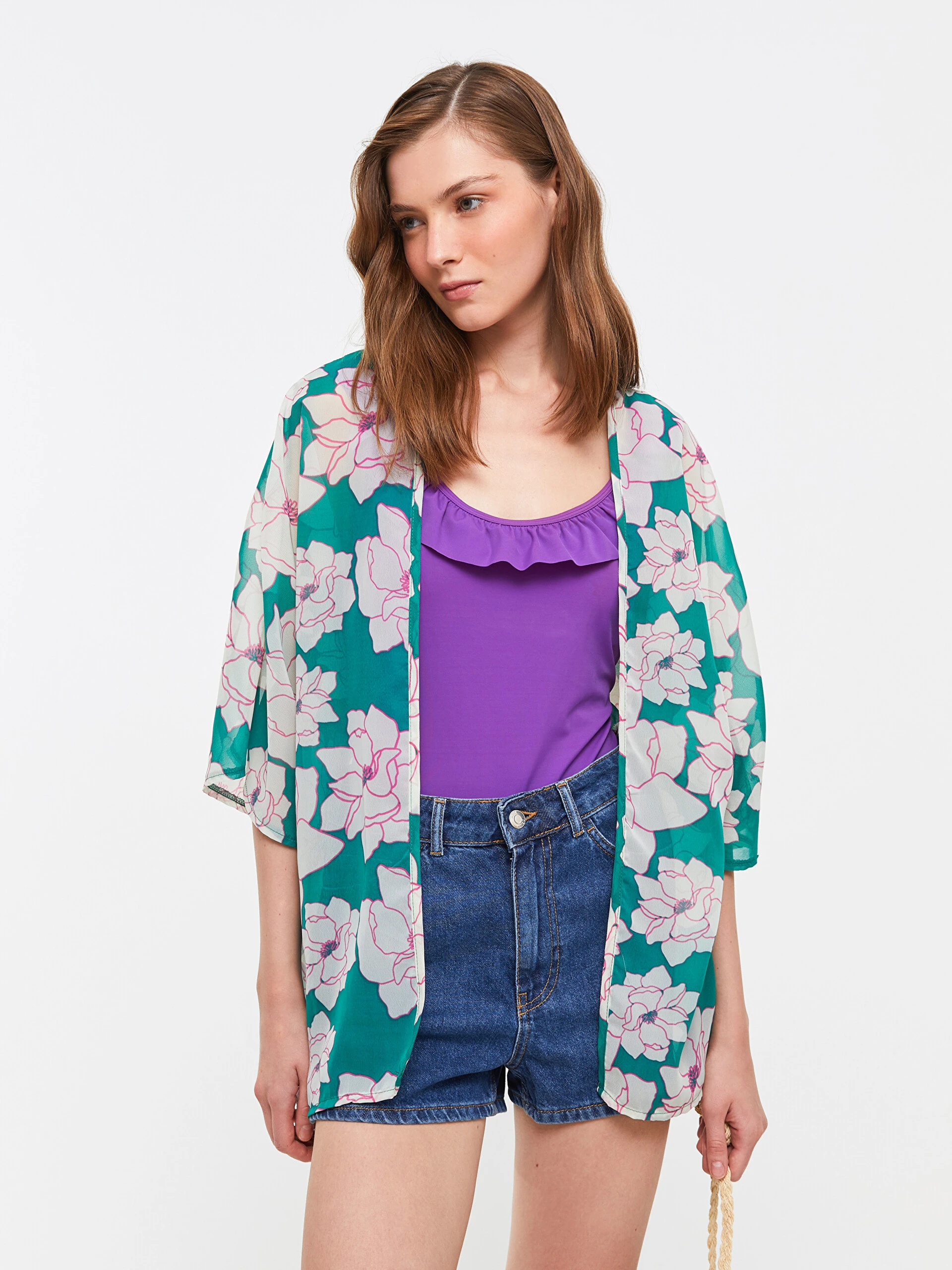 LC Waikiki Lcw Eco Yeşil Şal Yaka Desenli Kadın Kimono