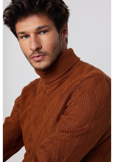 Tudors Slim Fit Dar Kesim Tam Balıkçı Yaka Desenli Kahverengi Erkek Triko Kazak-29716-kahverengi Kahverengi