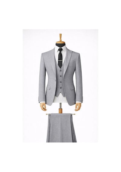 Erkek İtalyan Kesim Slim Fit Yelekli Takım Elbise - 7500 Açık Gri