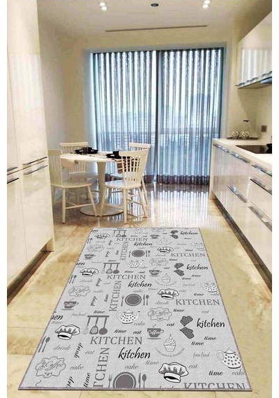 Gri Kaymaz Tabanlı Çaydanlık Desenli Mutfak Halısı Ar823n11