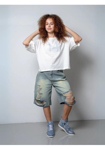 Kız Çocuk Yırtık Denim Kot Şort-15784 Mavi
