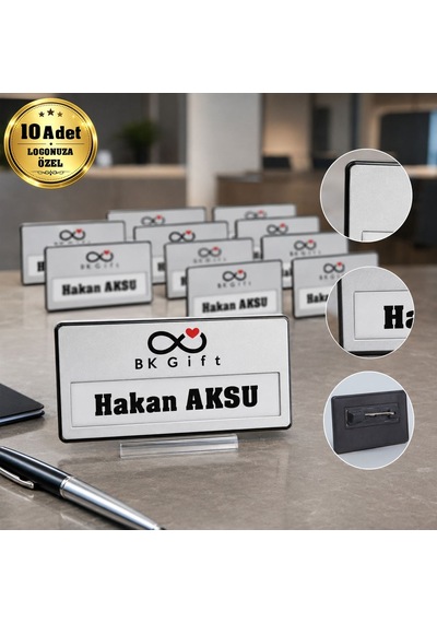 Logonuza Özel 10 Adet Metal Yaka Kartı İsimliği Altın Gümüş Personel İsimlik 3,5x7 Cm Gümüş