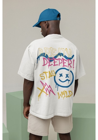 Breath Deeper Yazılı Unisex Oversize Tasarım Tişört Beyaz