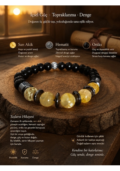 Özel Tasarım El Emeği Sarı Akik, Hematit Ve Oniks Doğal Taş Erkek Bileklik - 8 Mm Sarı - Siyah