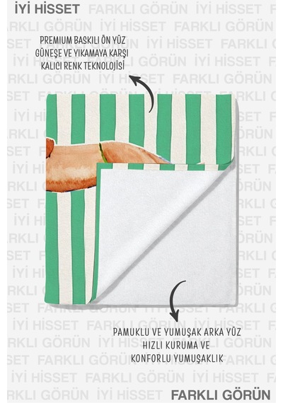 Çizgili Köpek Figürlü Çocuk Plaj Havlusu - Yeşil Beyaz Marine Sevimli Hızlı Kuruyan Mikrofiber Havlu Pastel Bahçe