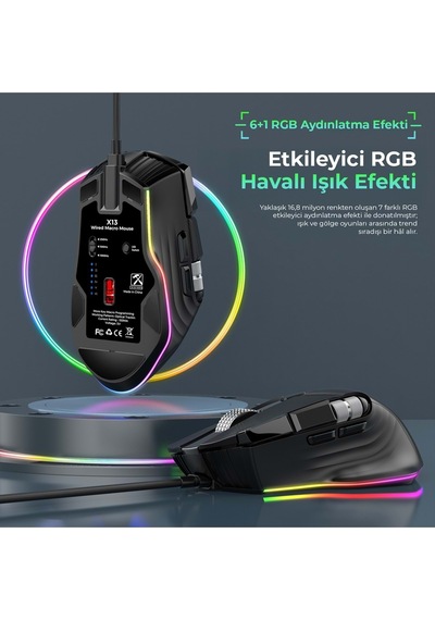 Mkespn X13 Gaming Mouse Kablolu 12400 Dpi 10 Tuş Makro Rgb Oyuncu Mouse Siyah