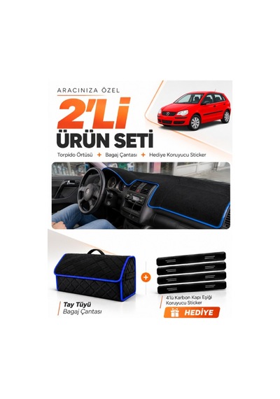Volkswagen Polo Dürbün 2001-2009 Uyumlu Torpido Örtüsü + Tay Tüyü Bagaj Çantası Seti - Siyah Mavi