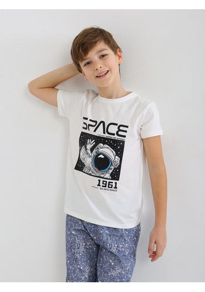 Vitmo Erkek Çocuk Kısa Kollu %100 Pamuklu Pijama Takımı Go Space Ekru