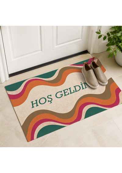 Kartela Halı Hoş Geldiniz Yazılı Retro Dalga Kapı Paspası Retro Canlı Kaymaz Kauçuk Taban 60x90 Cm