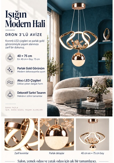 Dron 3 Lü Modern Ledli Avize 3 Renk Power Ledli Gold Kaplama Çoçuk Odası Yatak Odası Mutfak