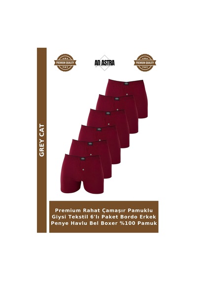 Grey Cat Premium Rahat Çamaşır Pamuklu Giysi Tekstil 6'lı Paket Bordo Erkek Penye Havlu Bel Boxer %100 Pamuk