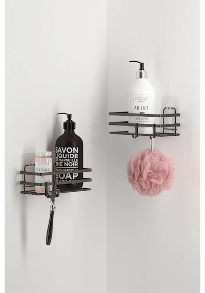Tekno Tel St-281 Yapışkanlı 2'li Siyah Banyo Rafı Kancalı Deliksiz Duş Şampuanlık Organizer Siyah