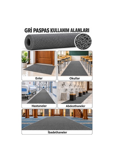 Hortumtech Kıvırcık Paspas Kir Tutucu Pvc Kapı Önü İç Dış Mekan Eko 12 Mm - Gri 100 X 450 Cm