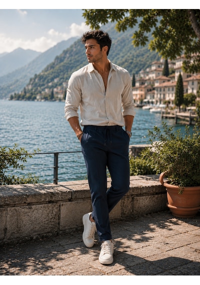 Luxıc Core Erkek Keten Karışımlı Casual Pantolon Rahat Kalıp Şık Tasarım Krem