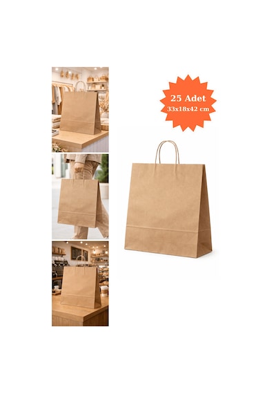 Burgu Saplı Kraft Çanta Kağıt Poşet Butik Mağaza Hediye Tatlı Torbası 33x18x42 Cm 25li