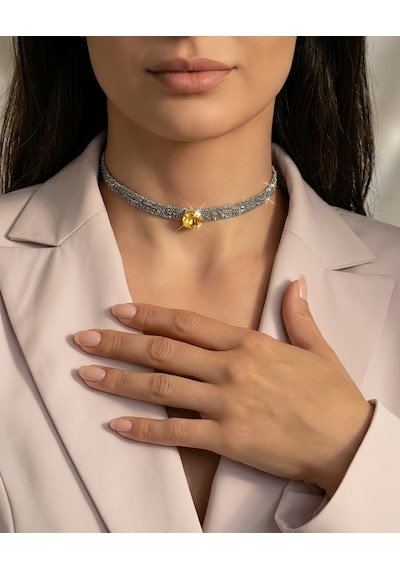 Kordon Zincir Örme Kristal Taşlı El Yapımı Choker Tasma Sarı Silver Renk Kolye