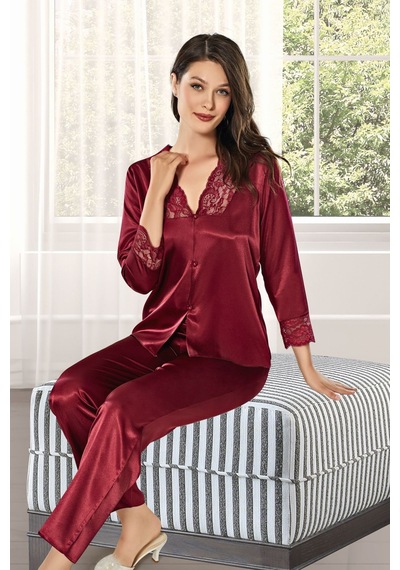 Alissa Kadın Bordo Saten Çeyiz Seti 6 Parça Dantelli Sabahlık Gecelik Pijama Şortlu Takım Bordo