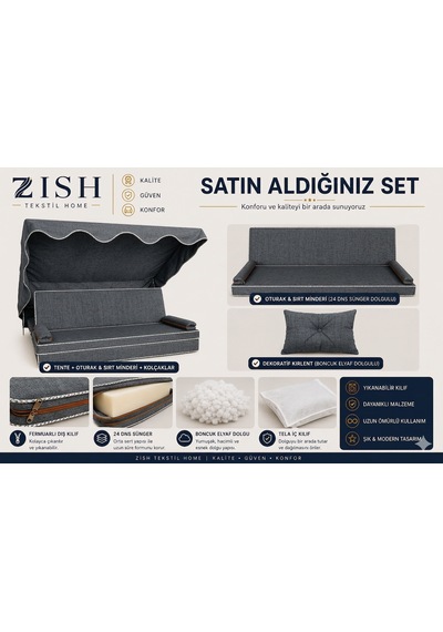 Altaleno 3 Kişilik 164 48 Cm Süngerli Bahçe Balkon Salıncak Minderi Yıkanabilir Kılıflı, Tenteli Keten Kumaş Tekstil Seti 24 Dns 8 Cm Orta Sert Sünger Gri