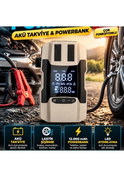 12.000 Mah Akü Takviye Ve Lastik Şişirme Cihazı Dijital Ekranlı Powerbank