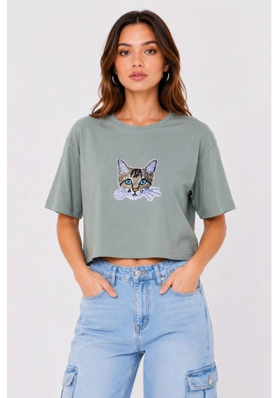 Primemagazam Kadın Kedi Baskılı Oversize Crop Tişört Salaş Basic Yarım Kol T-shirt - Mint Yeşili Çeşitli