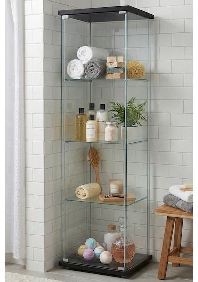 Cam Raflı Kapaklı Düzenleyici Banyo Dolabı Çok Amaçlı Lavabo Malzeme Dolap Havluluk Organizer Siyah-3raf