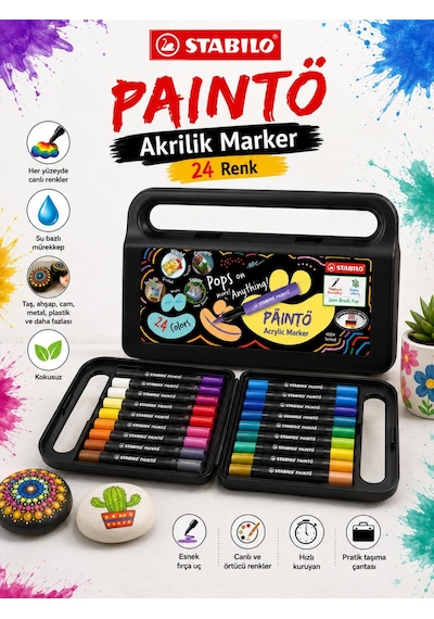 Stabilo 791/24 Paınto 24 Renk Akrilik Marker Seti Su Bazlı Çok Yüzeyli Boya Kalemi Çantalı Çok Renkli