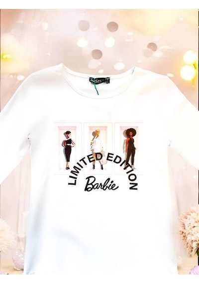 Zekids Kız Çocuk Pamuklu Mevsimlik İnce Uzun Kol Barbie Tshirt-14474 Beyaz