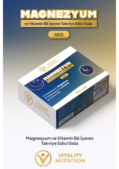 Vitality Nutrition Magnezyum Gece 60 Kapsül Bisglisinat + L-treonat + Vitamin B6 Gıda Takviyesi