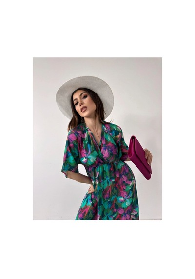 Asur Boutique Asur Butik Kadın Çiçek Desenli Renkli Viskon Kumaş Yırtmaçlı Elbise Yeşil