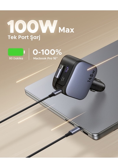 Ugreen 145w Usb-c Makaralı Dahili Kablolu Hızlı Araç Çakmaklık Şarj Cihazı, 2x Usb-c, 1x Usb-a Port, 55910b