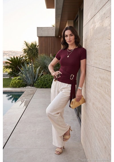 Lela Toka Detaylı Fitted Fit Kayık Yaka Bluz Bayan Bluz 5862707 Mürdüm