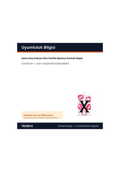 Trobus Asma Araç Kokusu Kiss Vanilla Mystery Aromalı Beyaz