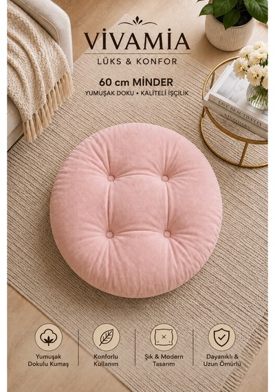 Yuvarlak Kapitone Dekoratif Petek Önü Oturma Yer Minderi 60 Cm Pembe Pembe