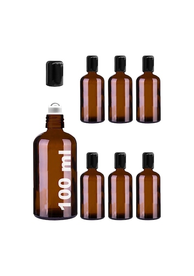 Çelik Roll On Şişesi 100 ML Sızdırmaz Siyah Kapaklı Amber Cam Şişe 6 Adet