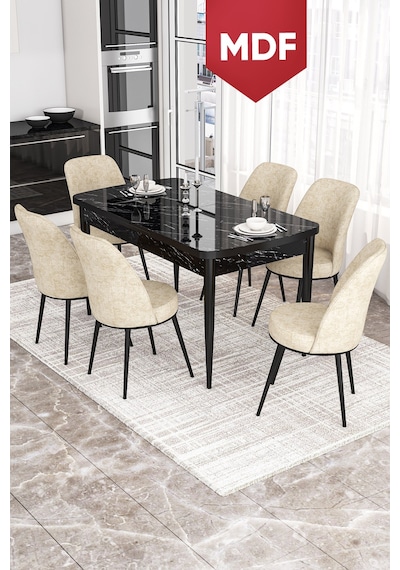 Canisa Kor Serisi, Siyah Mermer Desen MDF 70x114 Açılabilir Yemek Masası Takımı, 6 Sandalye Canisa Kor Serisi, Siyah Mermer Desen MDF 70x114 Açılabilir Yemek Masası Takımı, 6 Sandalye