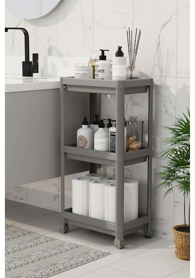 3 Katlı Banyo Raf Ünitesi, Banyo Düzenleyici, Şampuanlık, Gri