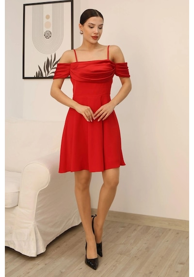 Lodmela Drape Detaylı Askılı Midi Elbise 2380-kırmızı Kırmızı