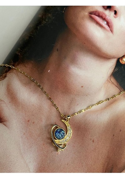 Pinery Jewels Zirkon Taşlı Ay Yıldız Kararmaz Çelik Kadın Gold Kolye Altın