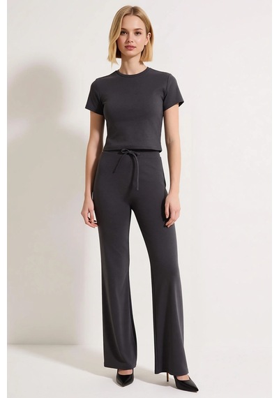 Benerly Kadın Büyük Beden Crop Top Ispanyol Paça Takım Bisiklet Yaka Kısa Antrasit