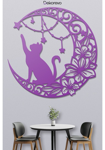 Floral Hilal Ve Kedi Silüeti Dekoratif Metal Tablo - Metal Duvar Sanatı - Mor - 50 X 50 Cm