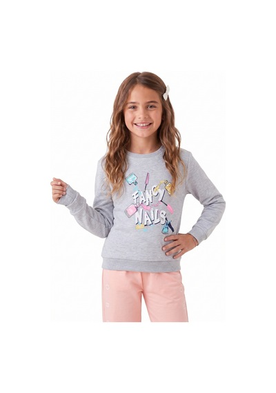 Onloox Kız Çocuk Gri Melanj Kız Çocuk Gri Melanj Pamuklu Bisiklet Yaka Uzun Kollu Oje Baskılı Simli Sweatshirt 6-12 Yaş