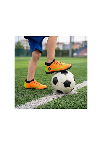 Çocuk Halı Saha Futbol Ayakkabısı Hafif, Kaymaz Tabanlı, Bağcıklı Kramponsuz Spor Ayakkabı Turuncu