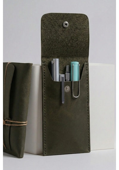 Luvo Özel Tasarım Hakiki Deri Kalem Kutusu El İşi İtalyan Dikişli Premium Minimalist Kalemlik Haki