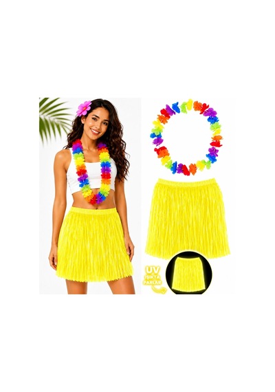 Ers Neon Sarı Hawaii Etek 40 Cm Ve Rengarenk Hawaii Kolye